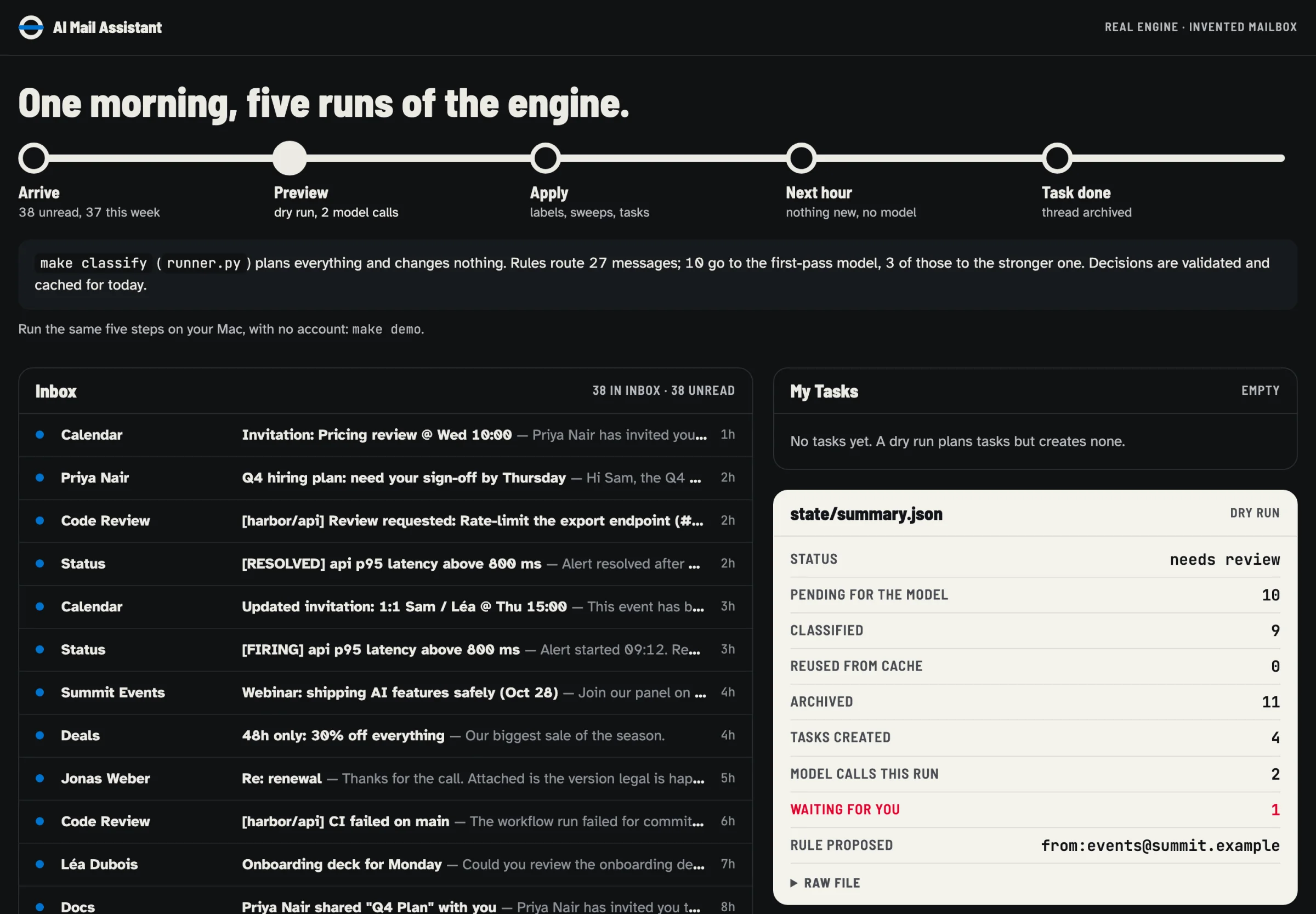 The dry-run step in the demo console: planned changes, nothing applied