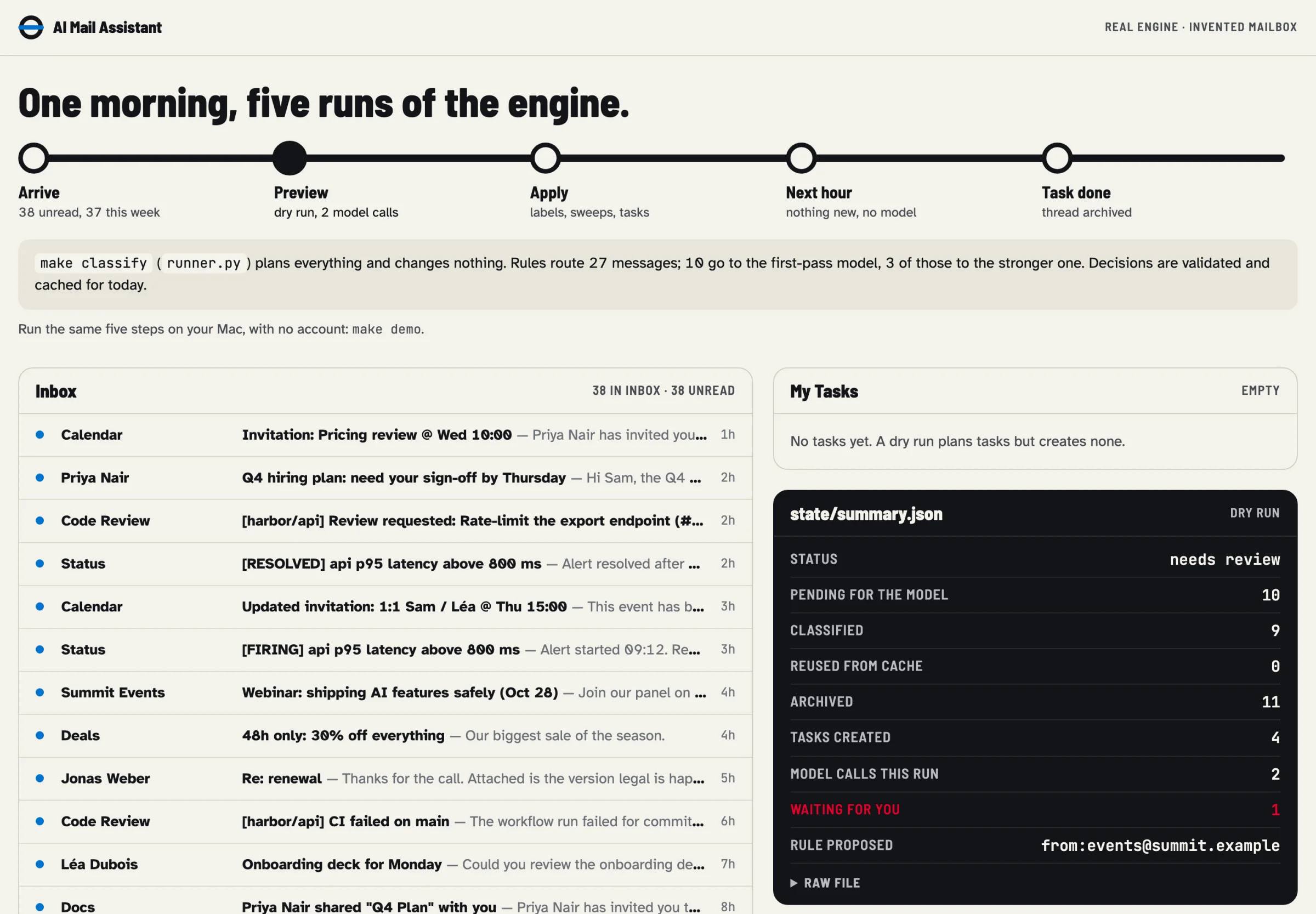 The dry-run step in the demo console: planned changes, nothing applied