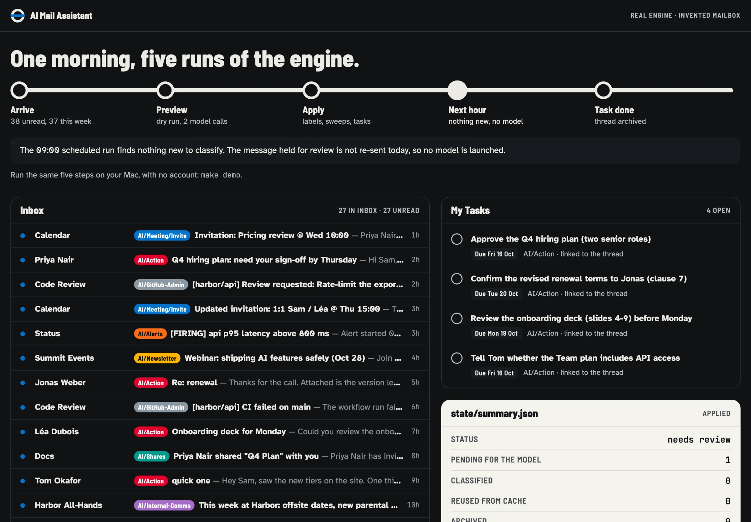 The quiet-hour step in the demo console
