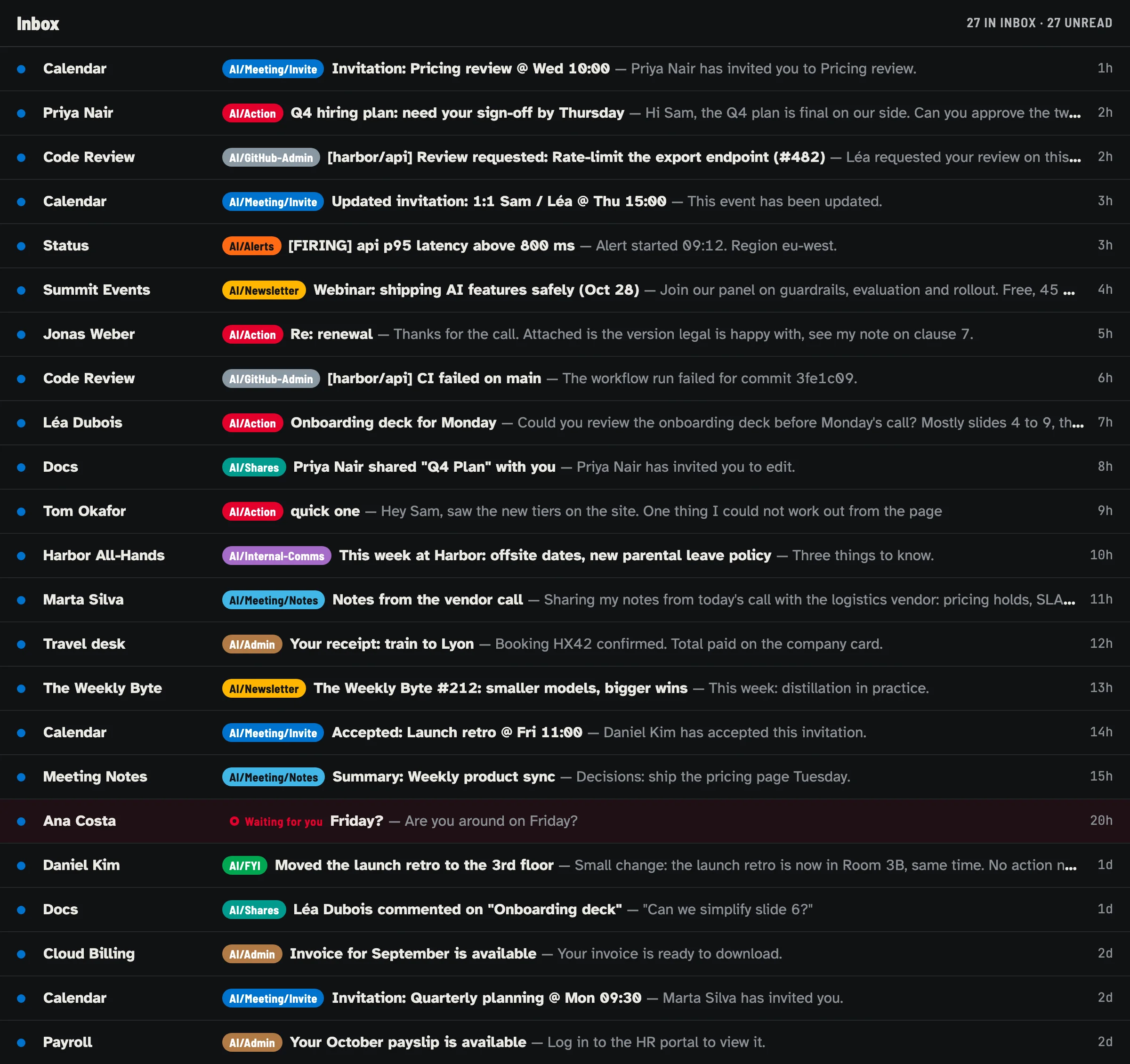 The same invented inbox after the applied run: labeled, with low-value mail archived