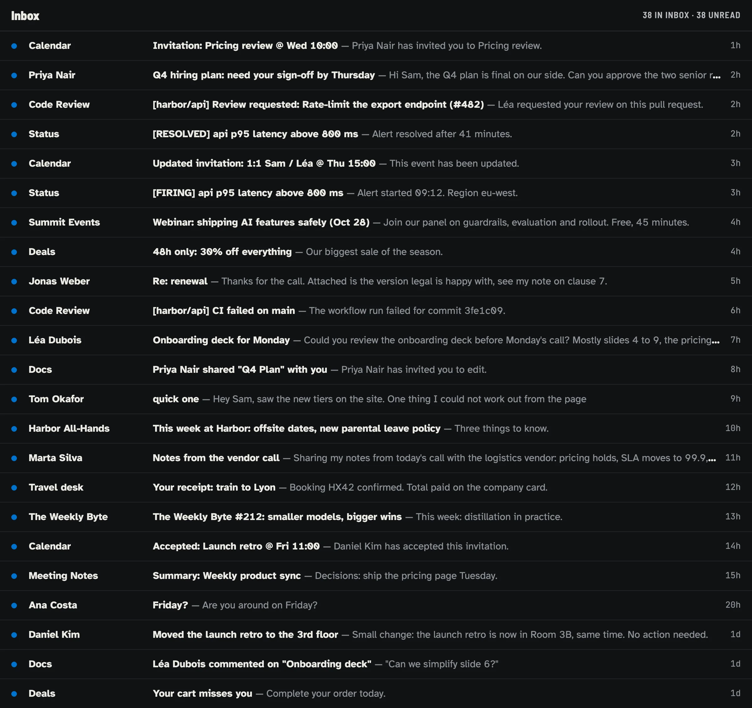 An invented inbox before triage: every message unread and unlabeled