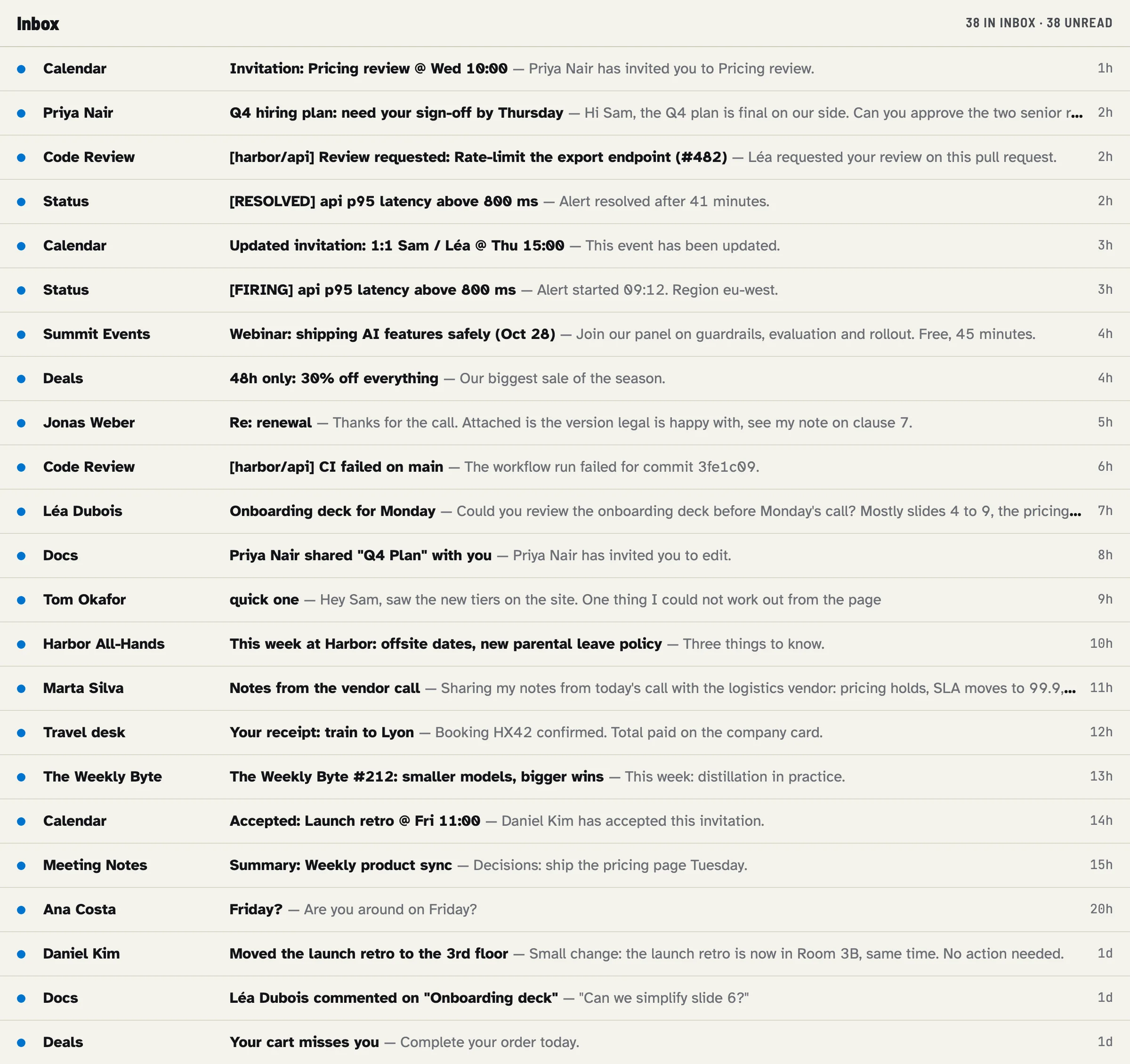The demo inbox before the run: thirty-eight unread messages, none labelled.