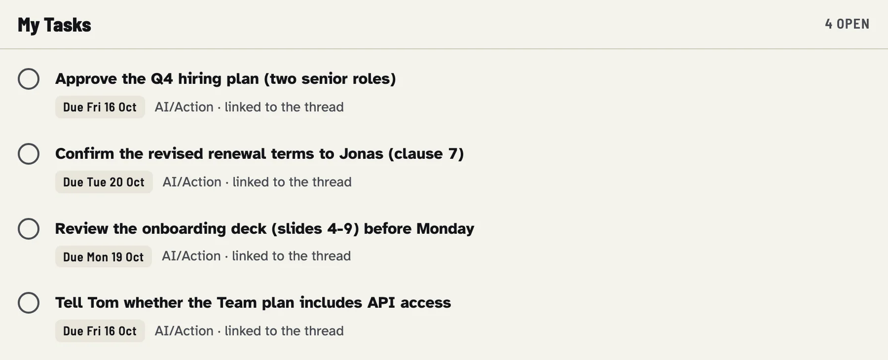 Four Google Tasks created from requests, each with a title, a due date and a link back to the mail thread.