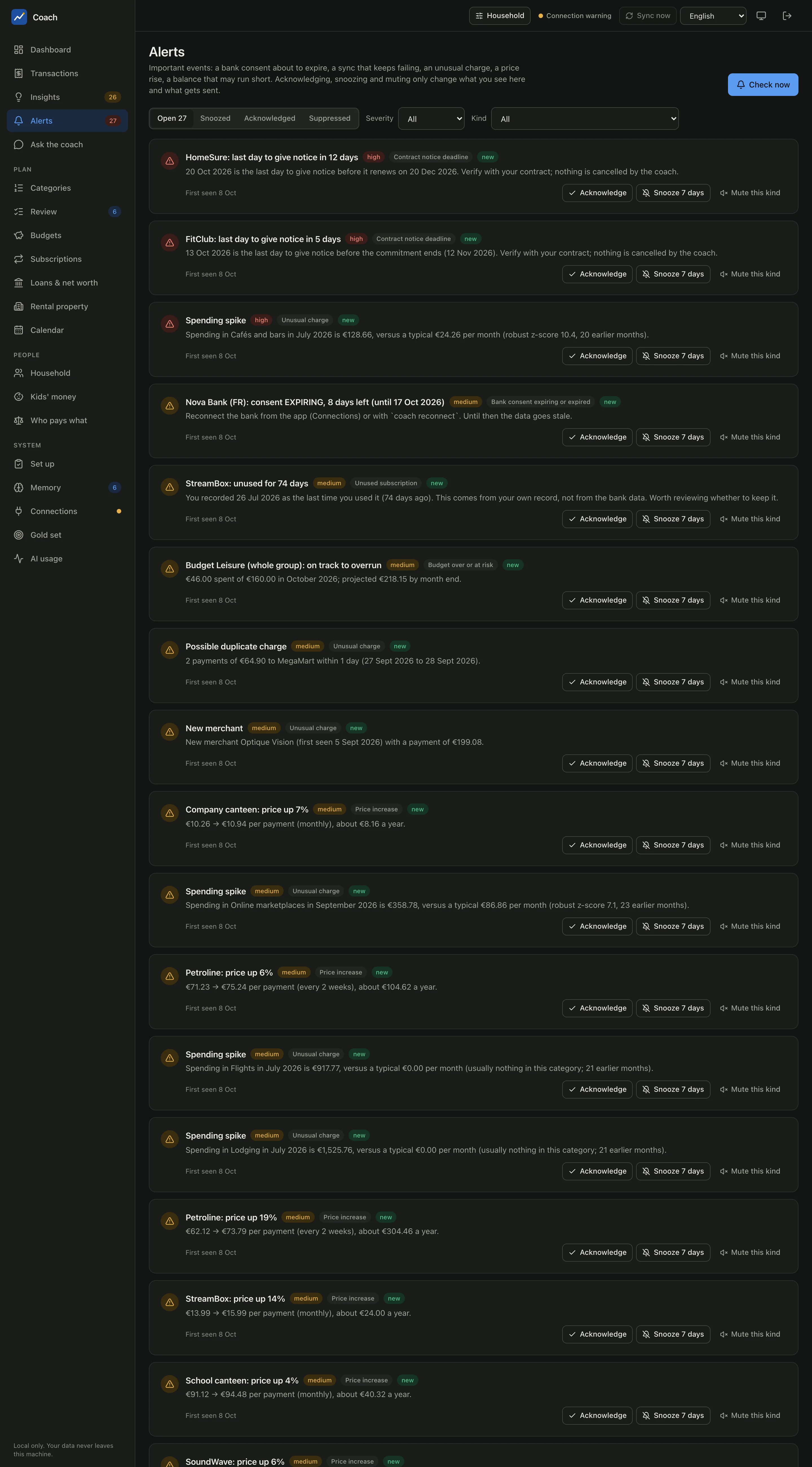 The Alerts page of the demo household