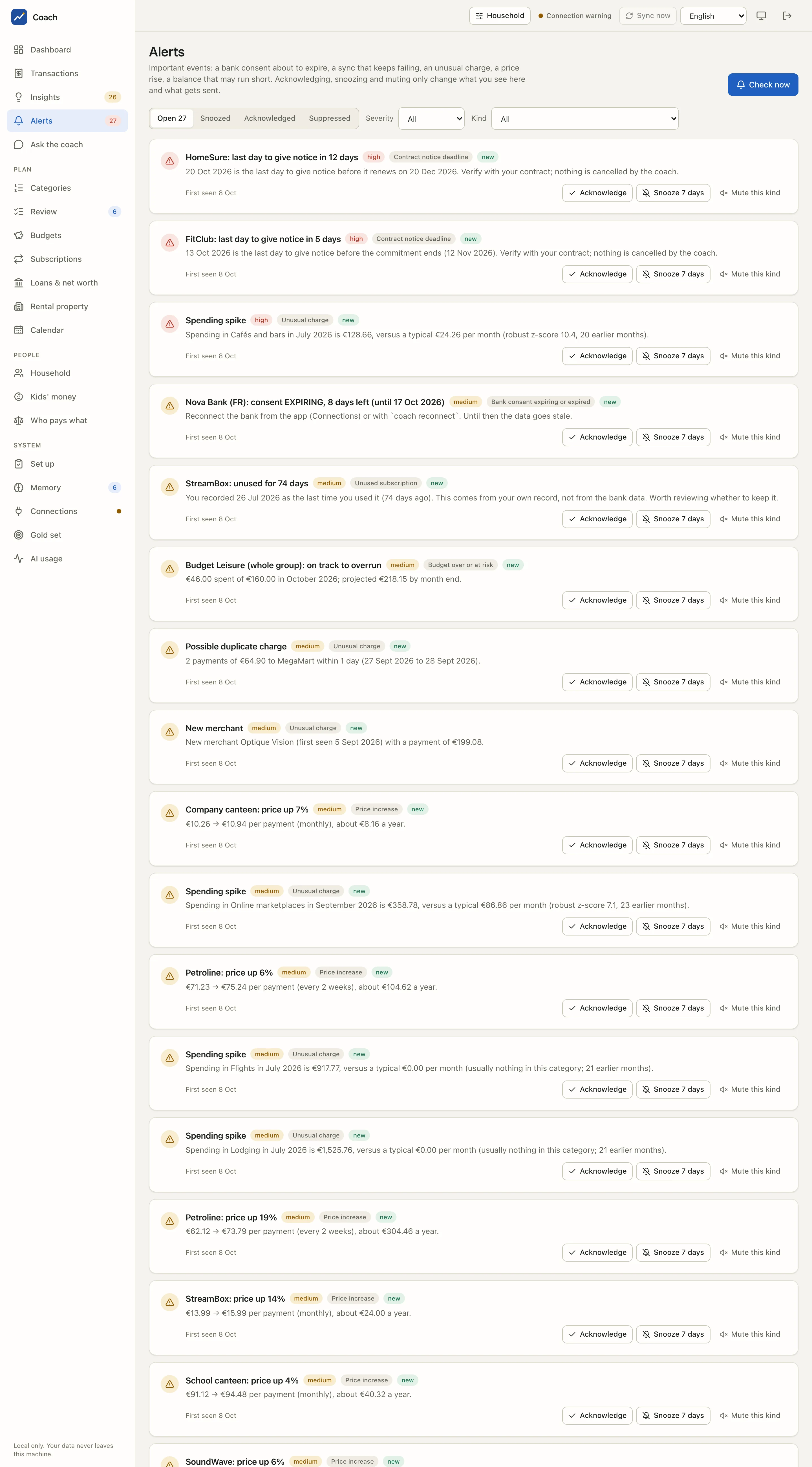 The Alerts page of the demo household