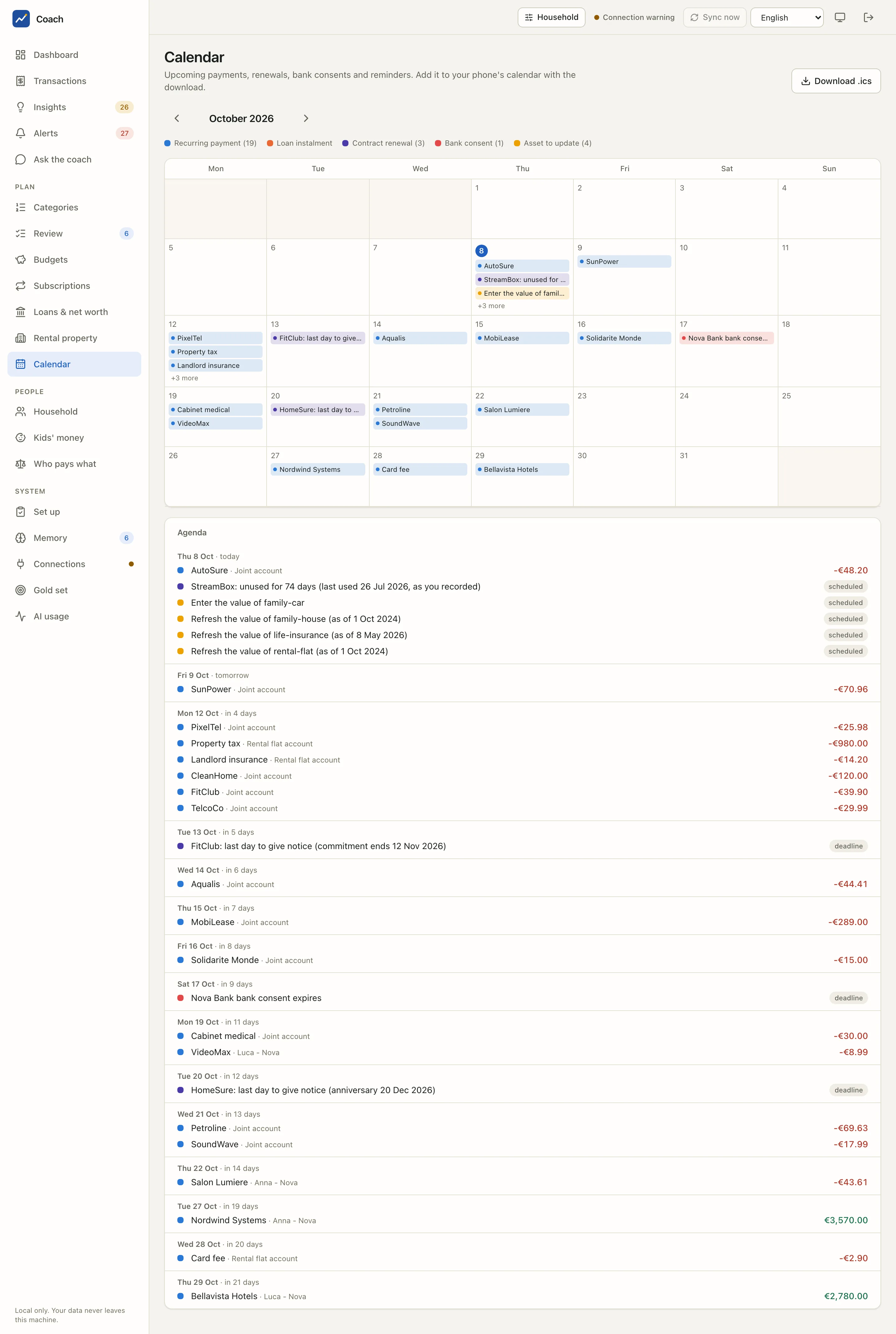The calendar of the demo household for October