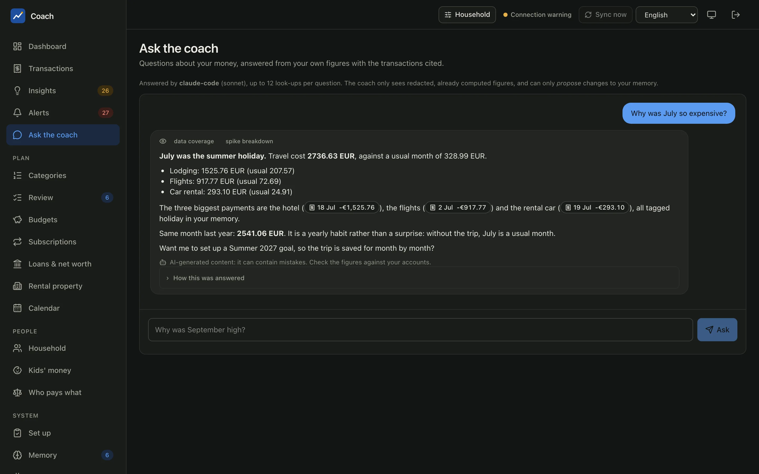 The coach answering a question on the demo data