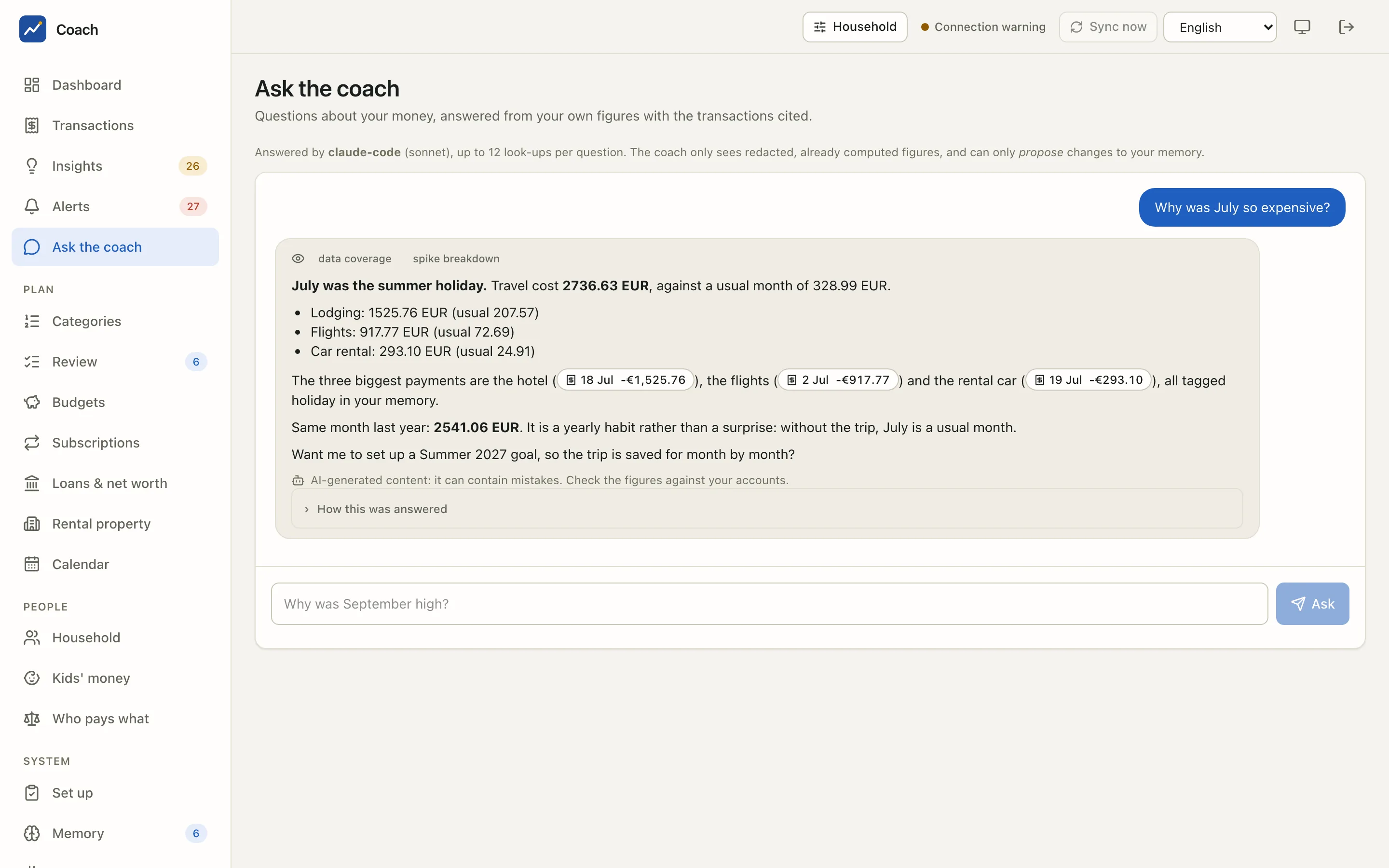 The coach answering a question on the demo data