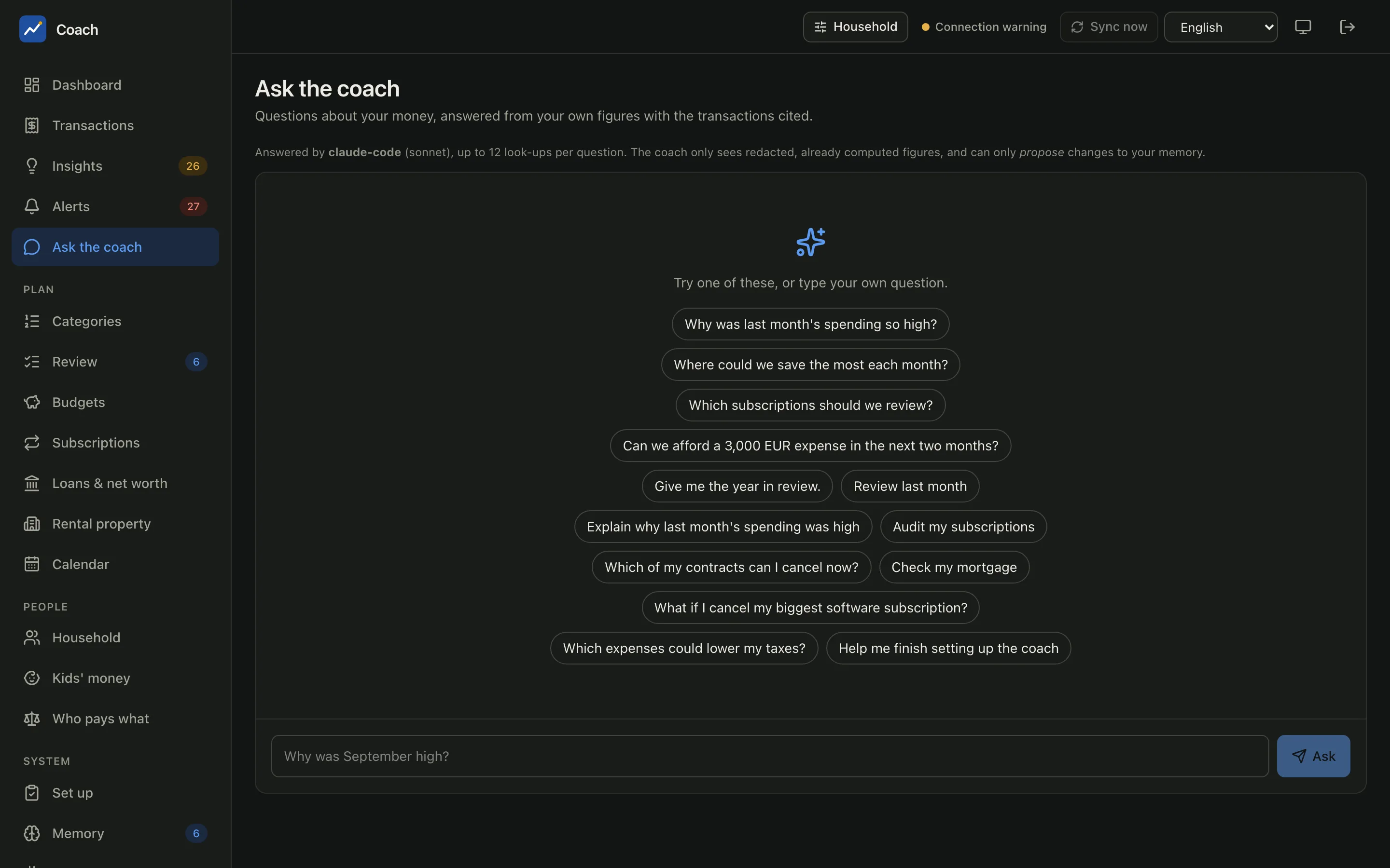The Ask the coach page with its suggested questions