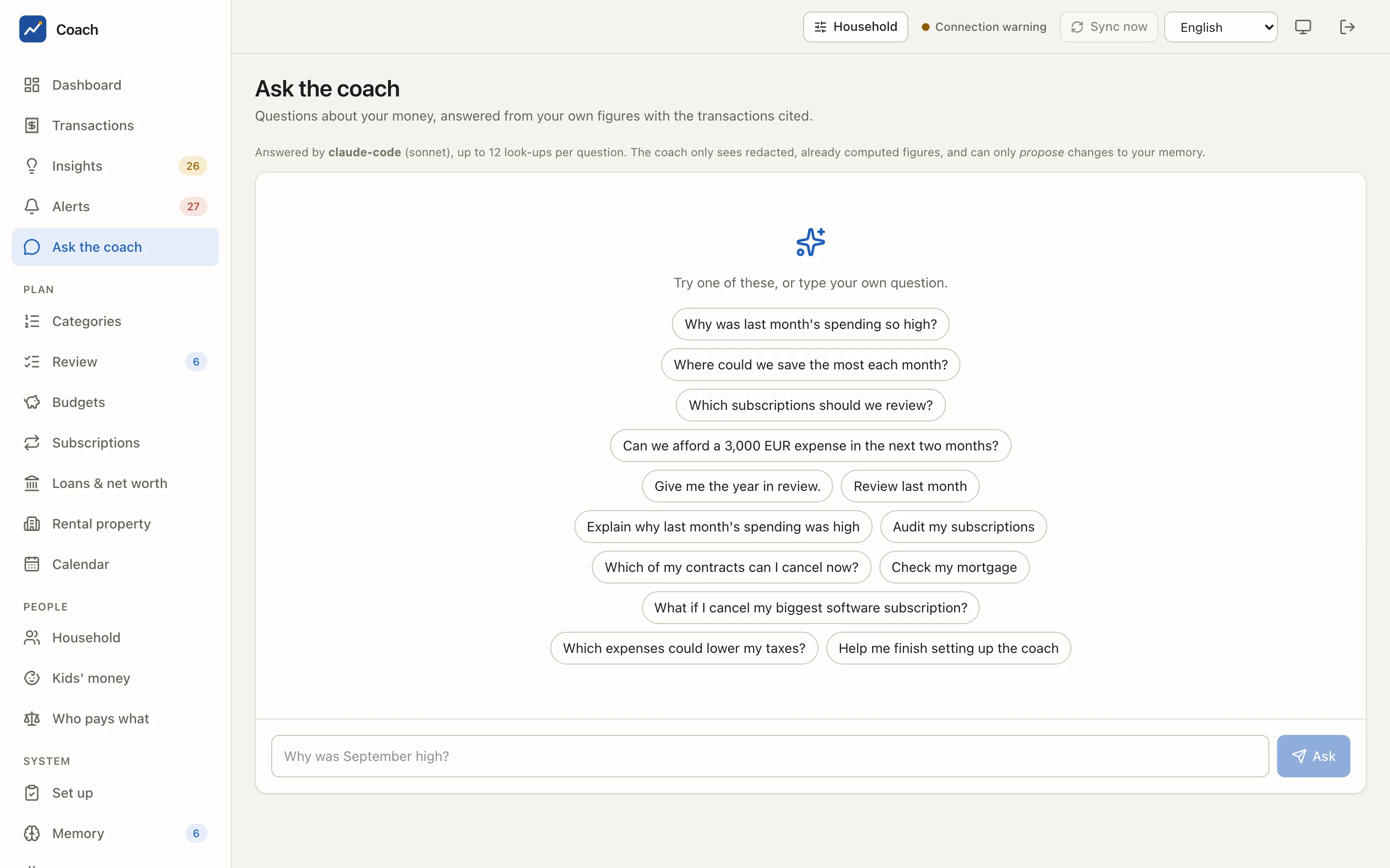 The Ask the coach page with its suggested questions