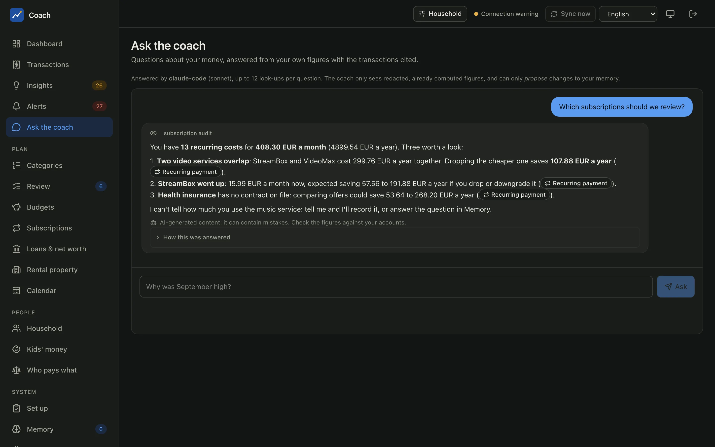 A subscription audit answered by the coach