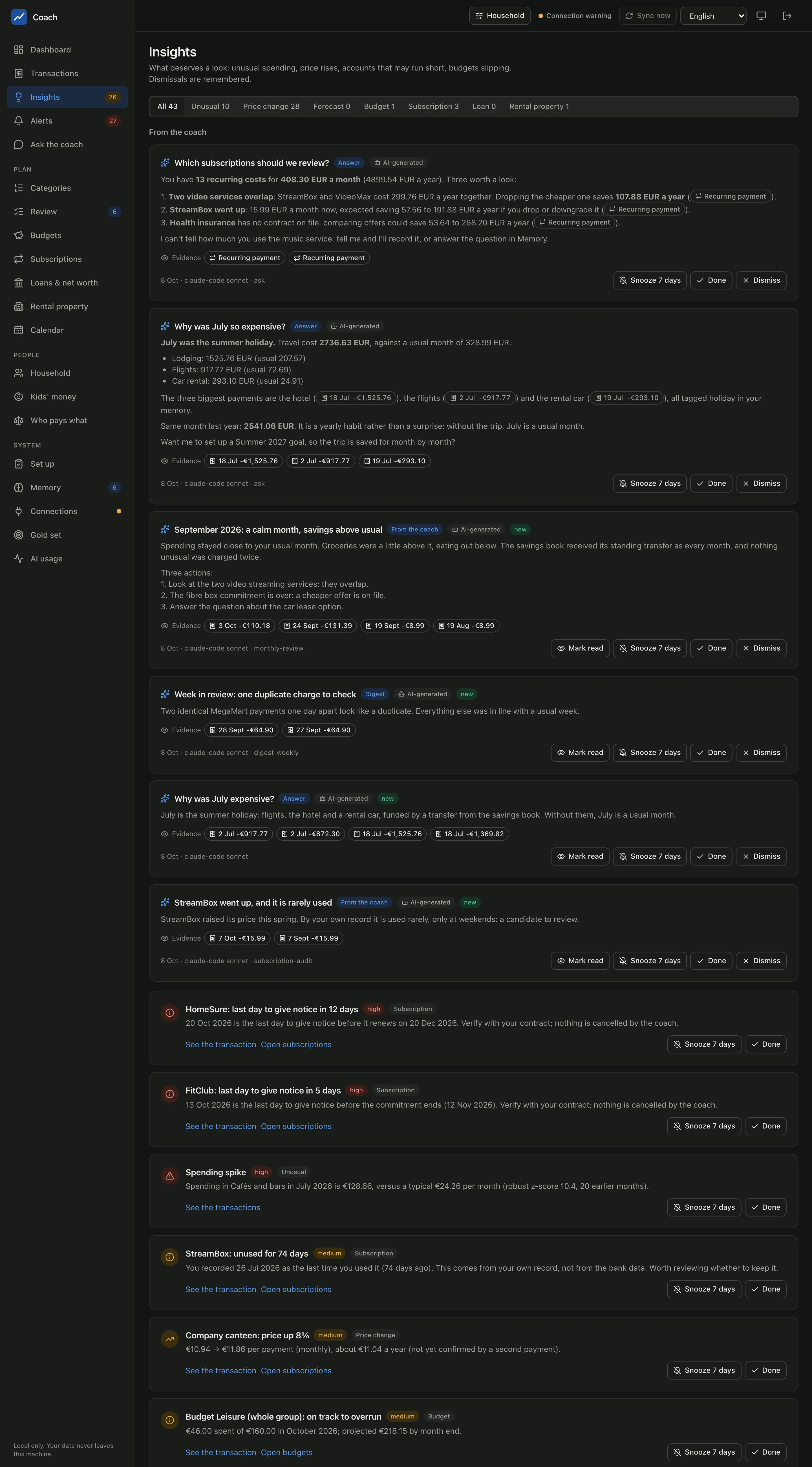 The Insights page of the demo household