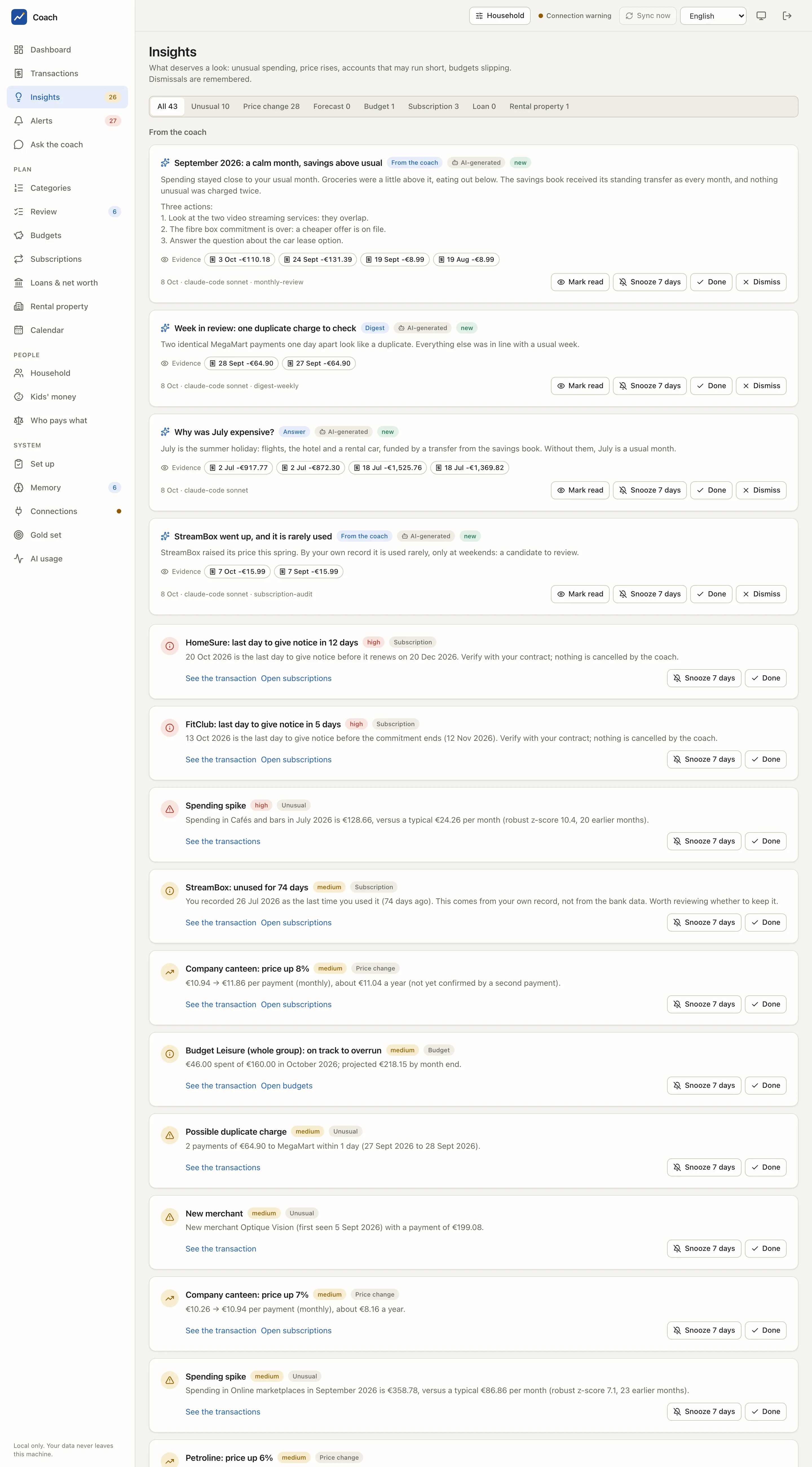 The Insights page of the demo household