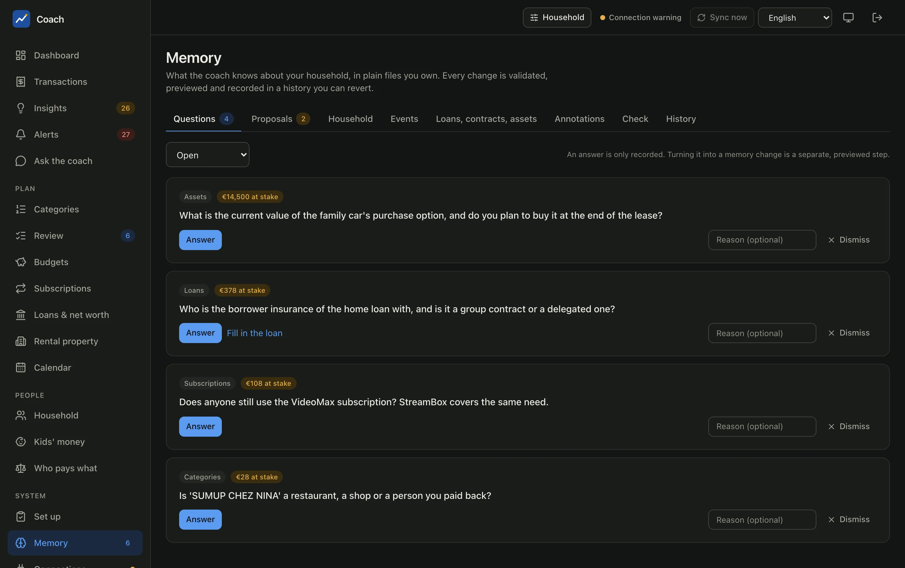 The Memory page with its open questions
