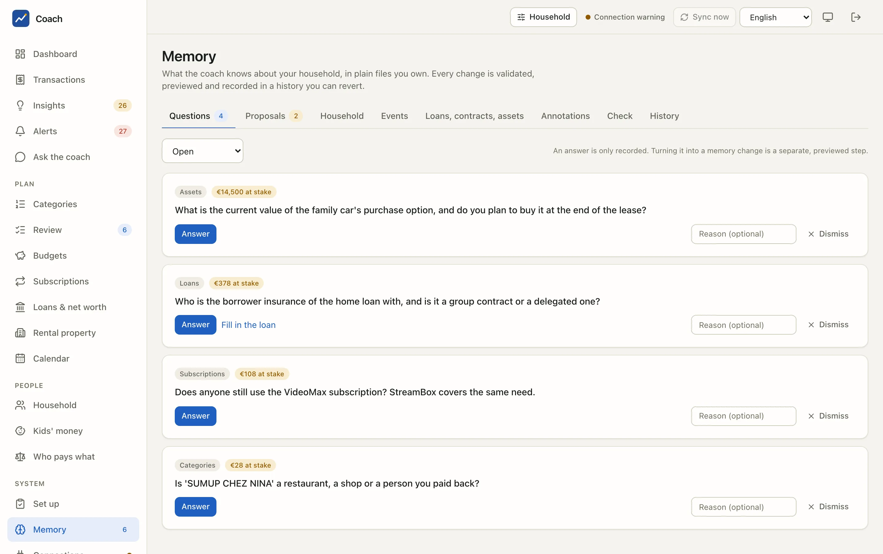 The Memory page with its open questions