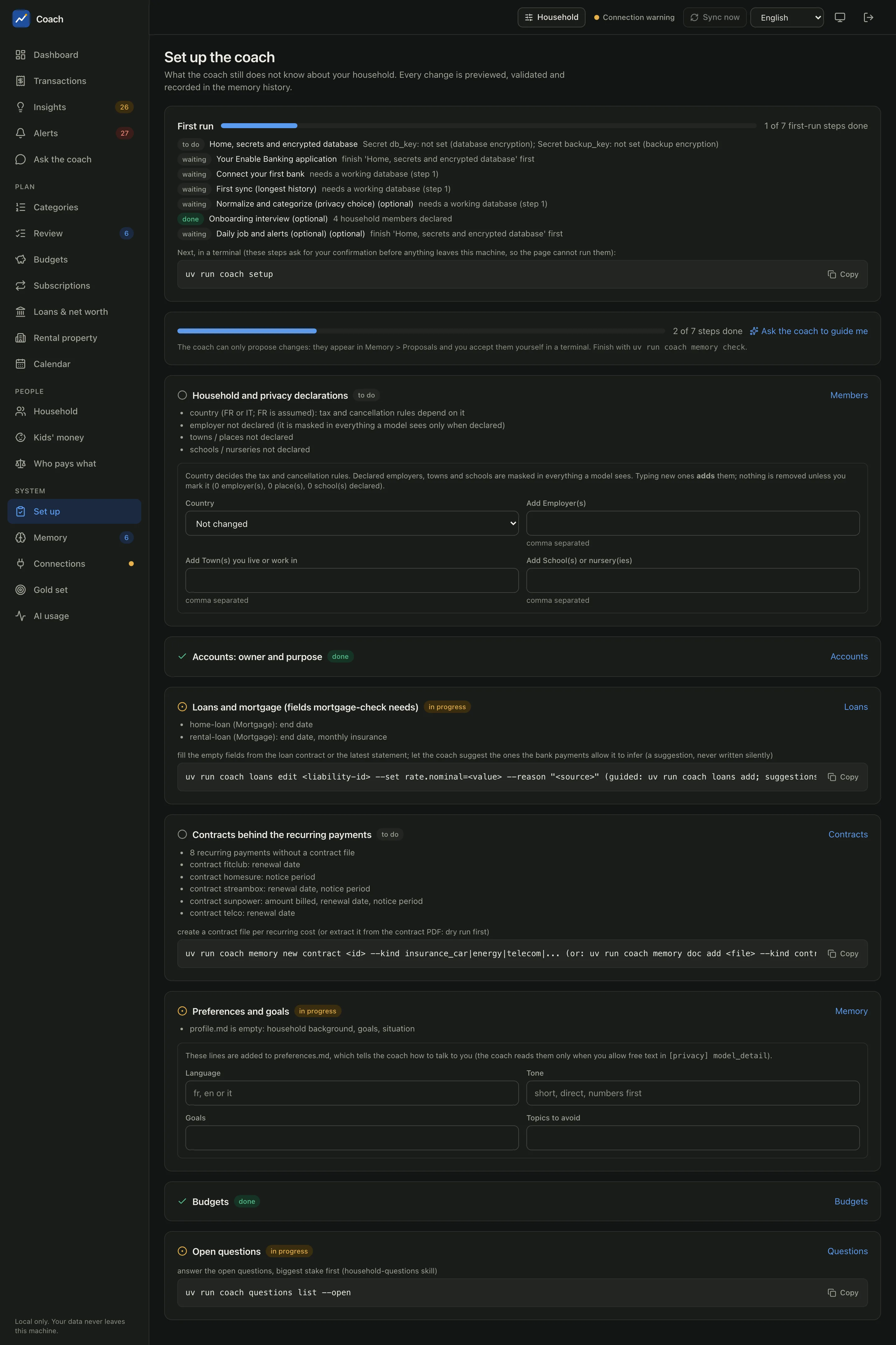 The Set up page with the seven first-run steps
