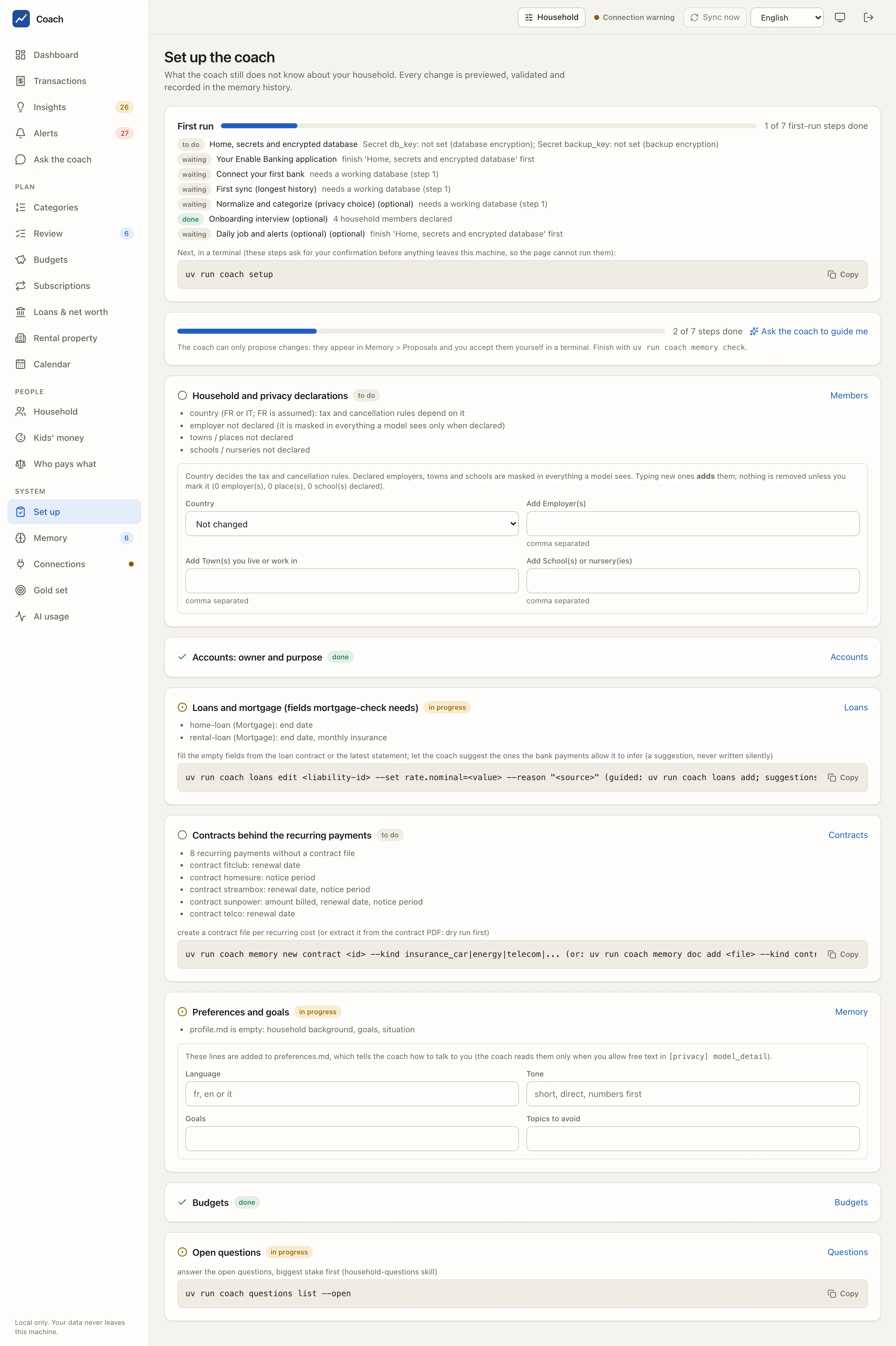 The Set up page with the seven first-run steps