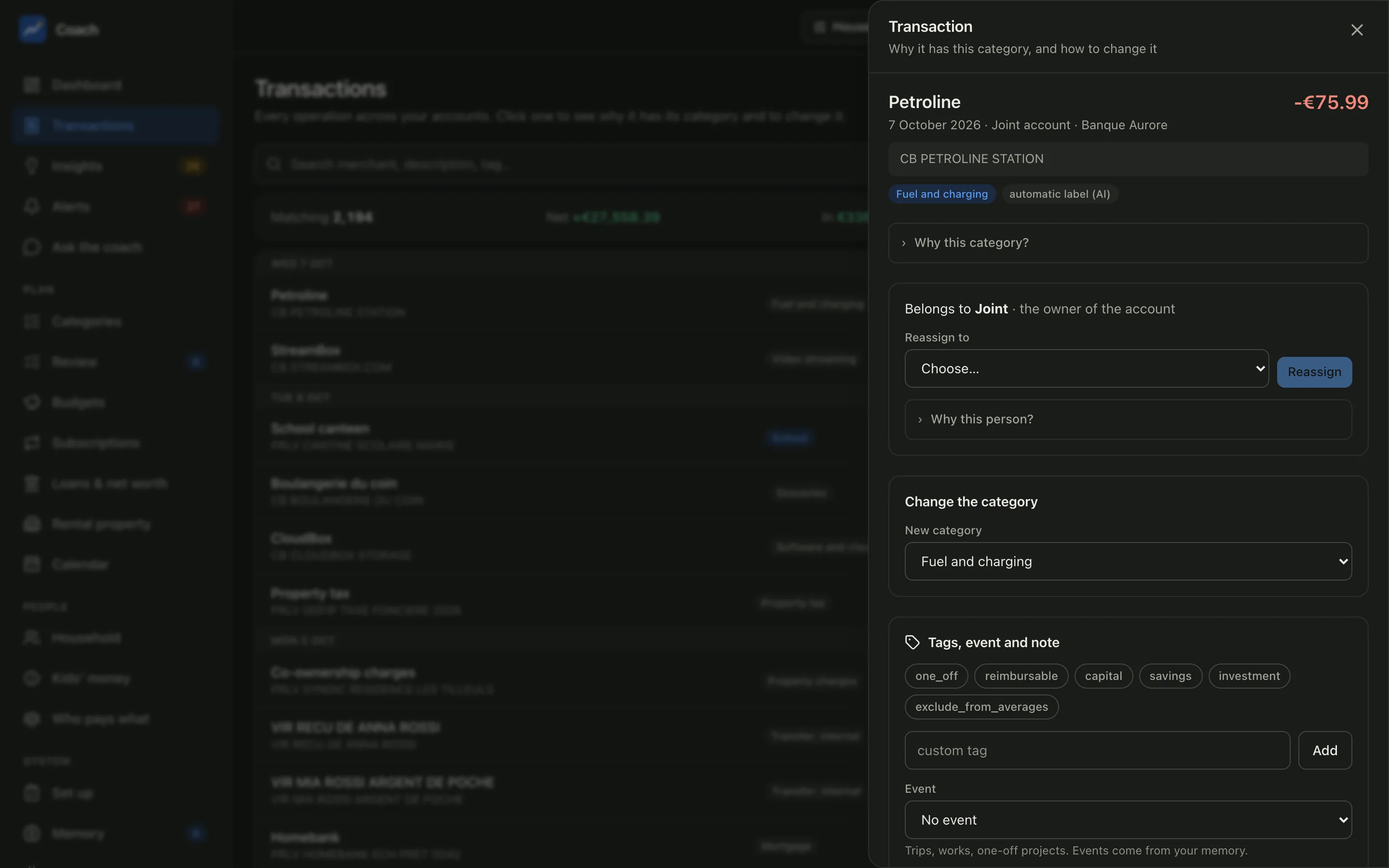 The side panel of one transaction