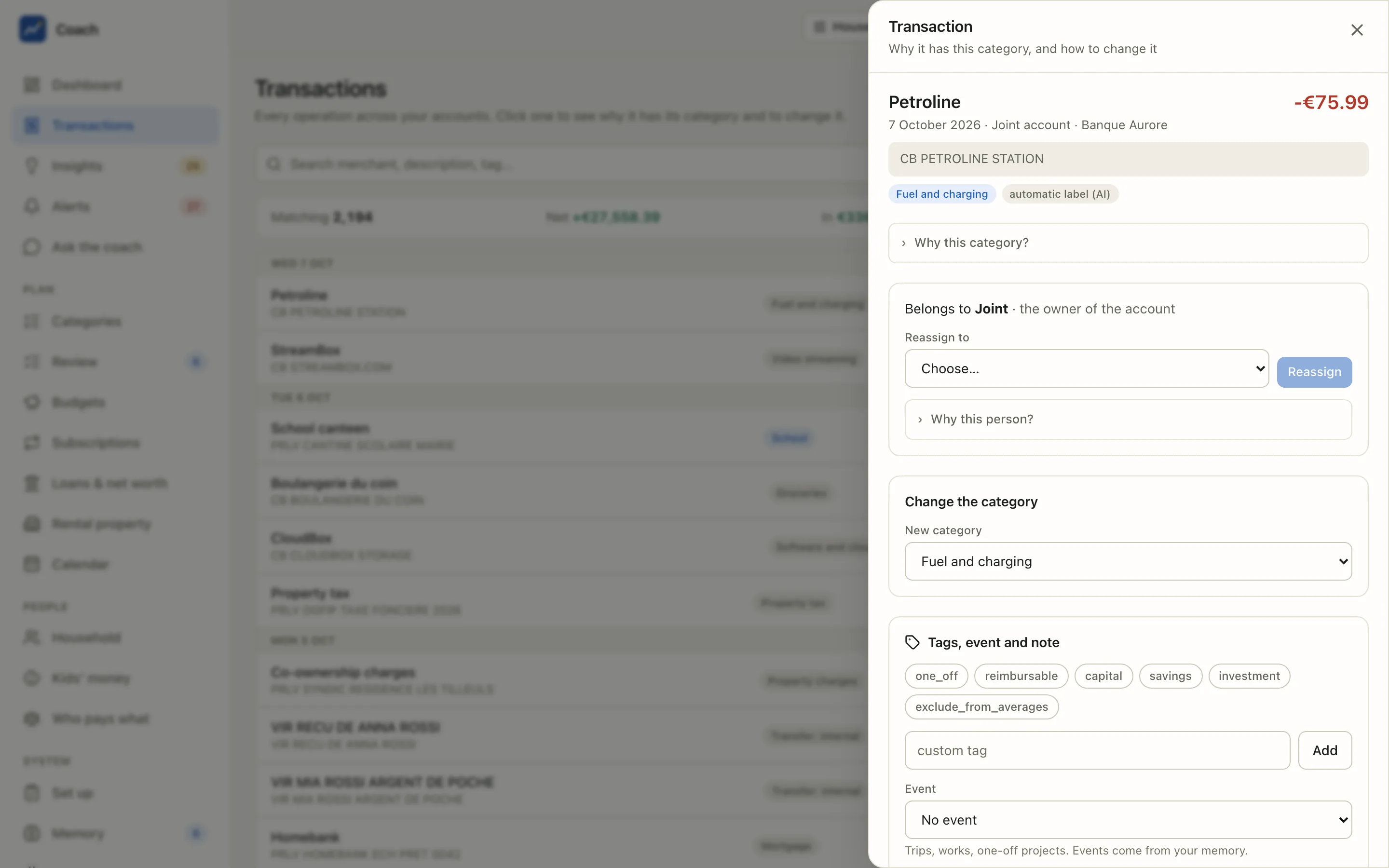 The side panel of one transaction