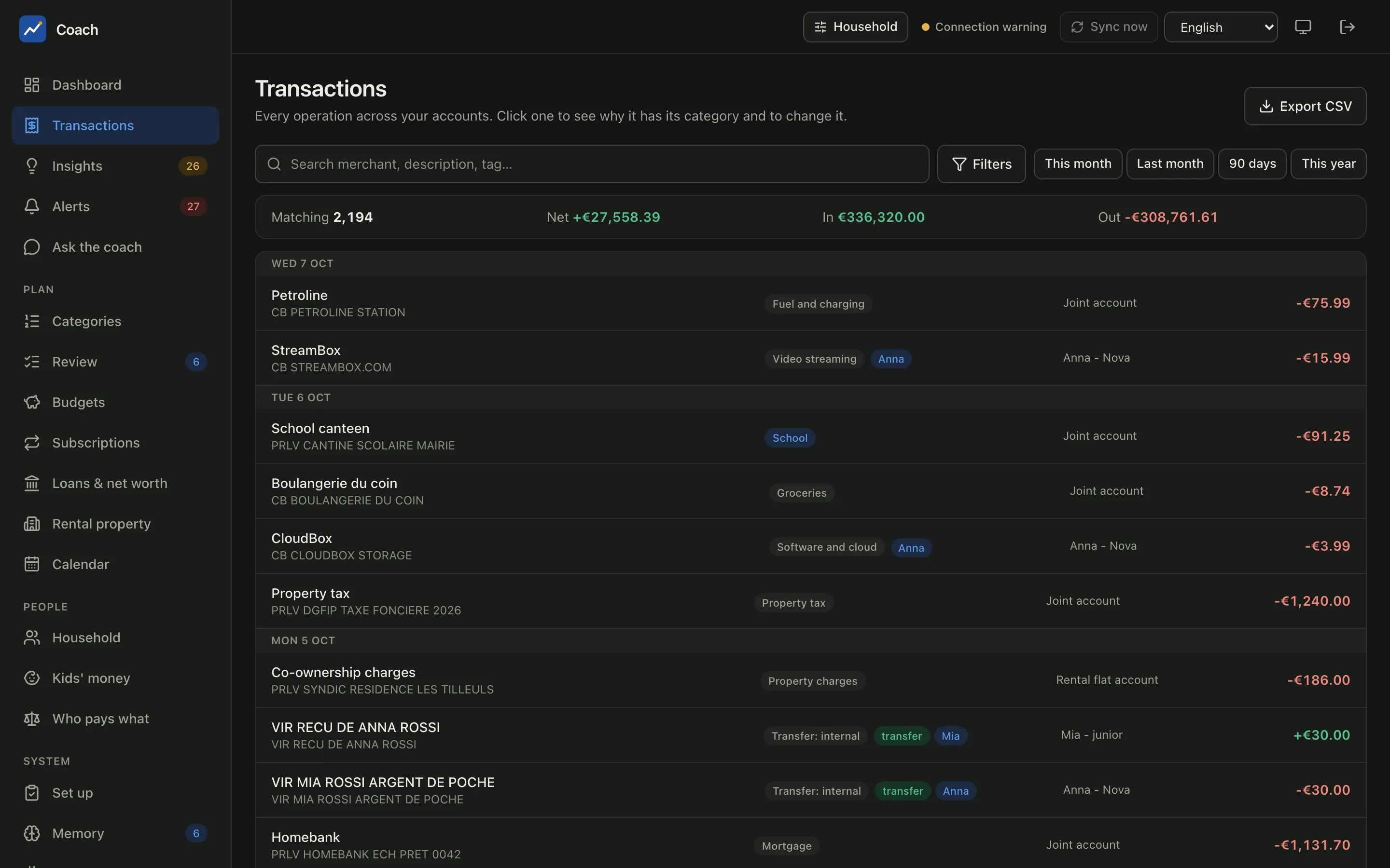 The transactions list of the demo household