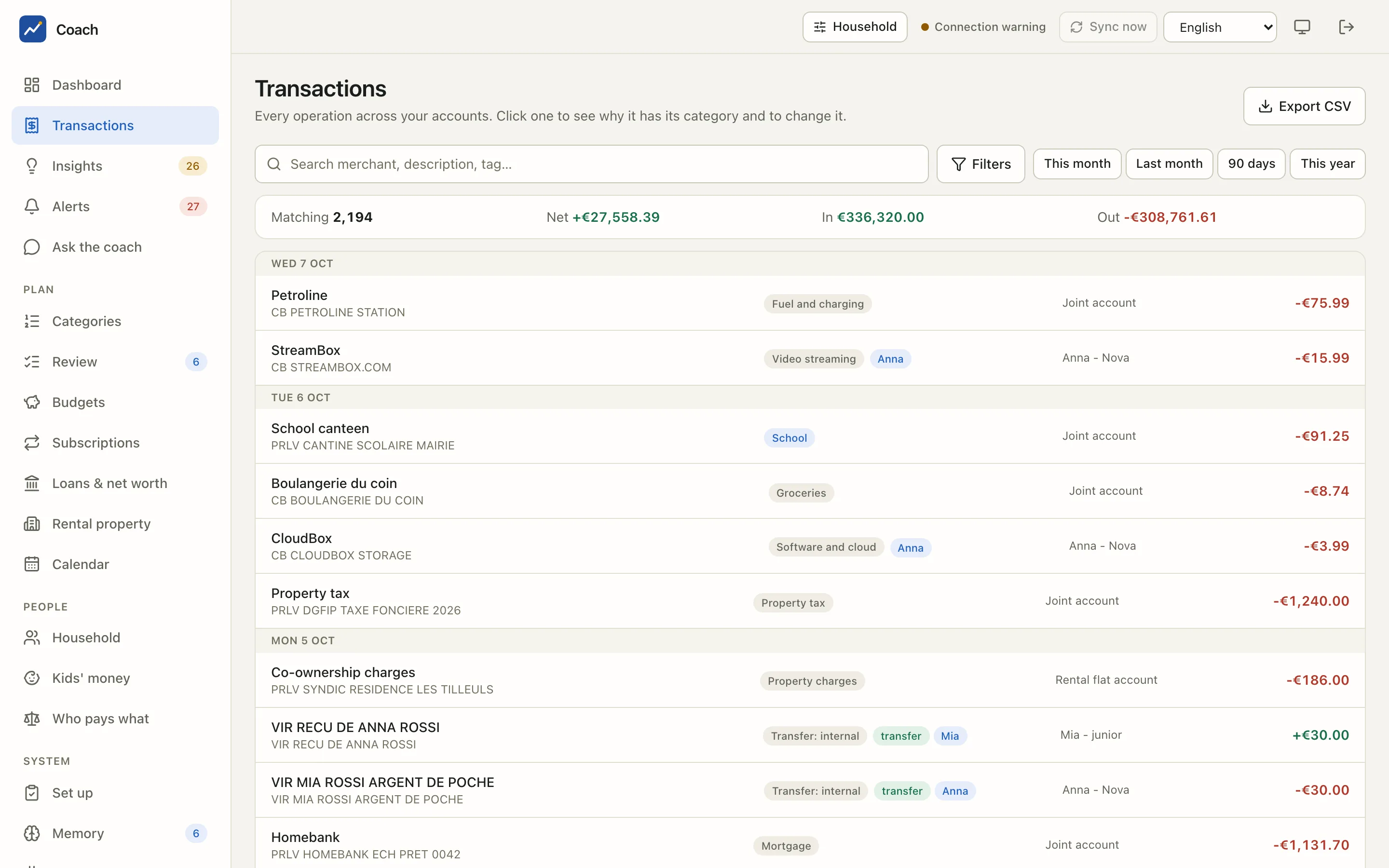 The transactions list of the demo household