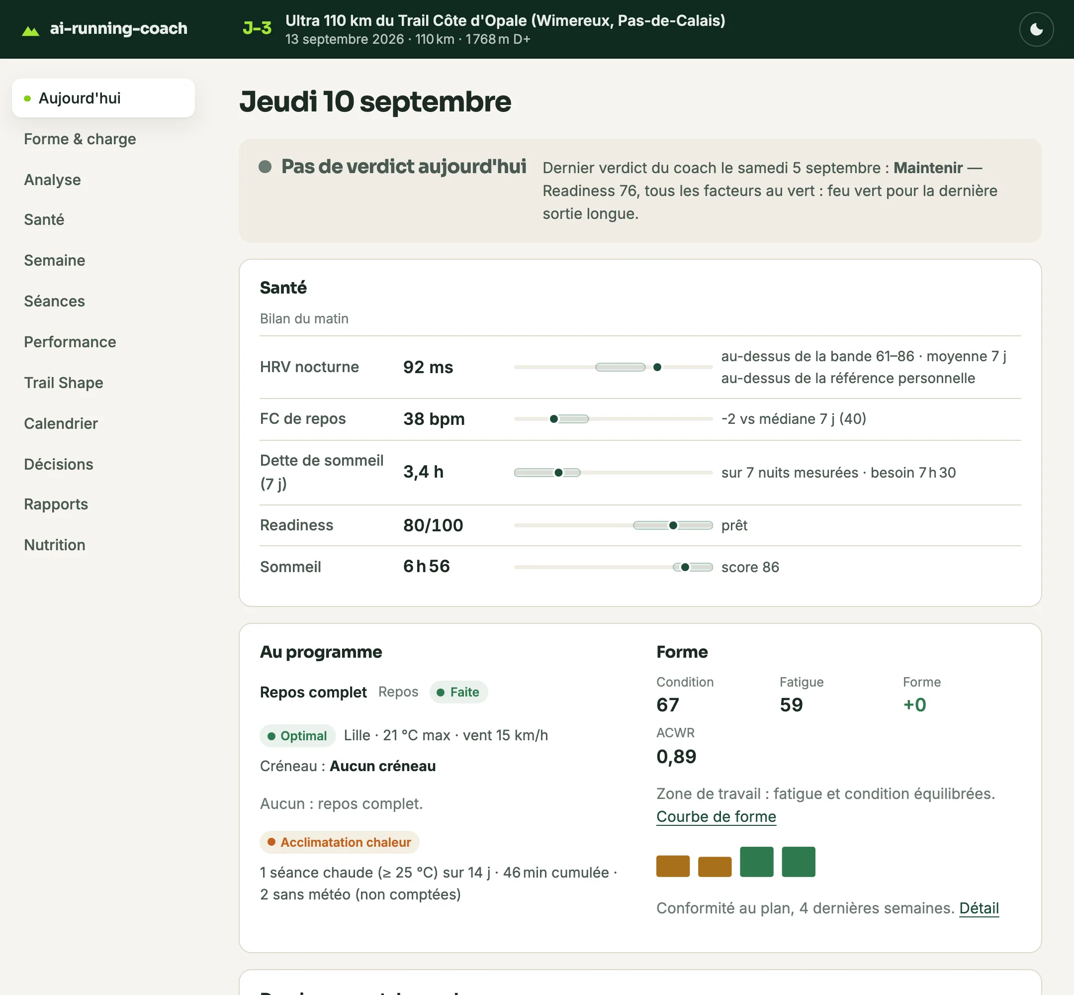 Vue « Aujourd'hui » : verdict du coach, bilan du matin, séance du jour et forme