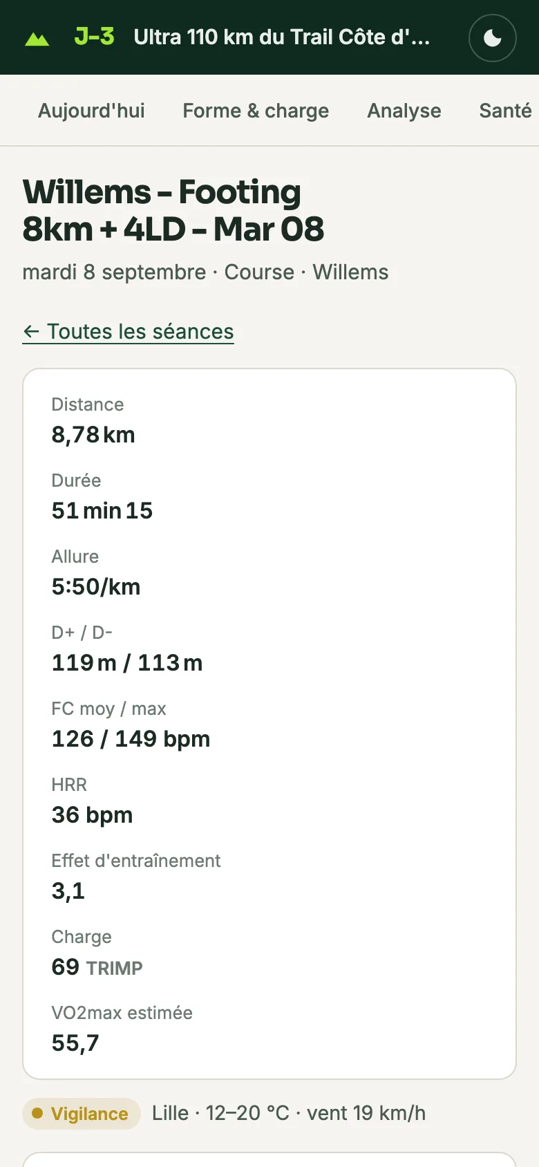 Détail d'une séance sur téléphone