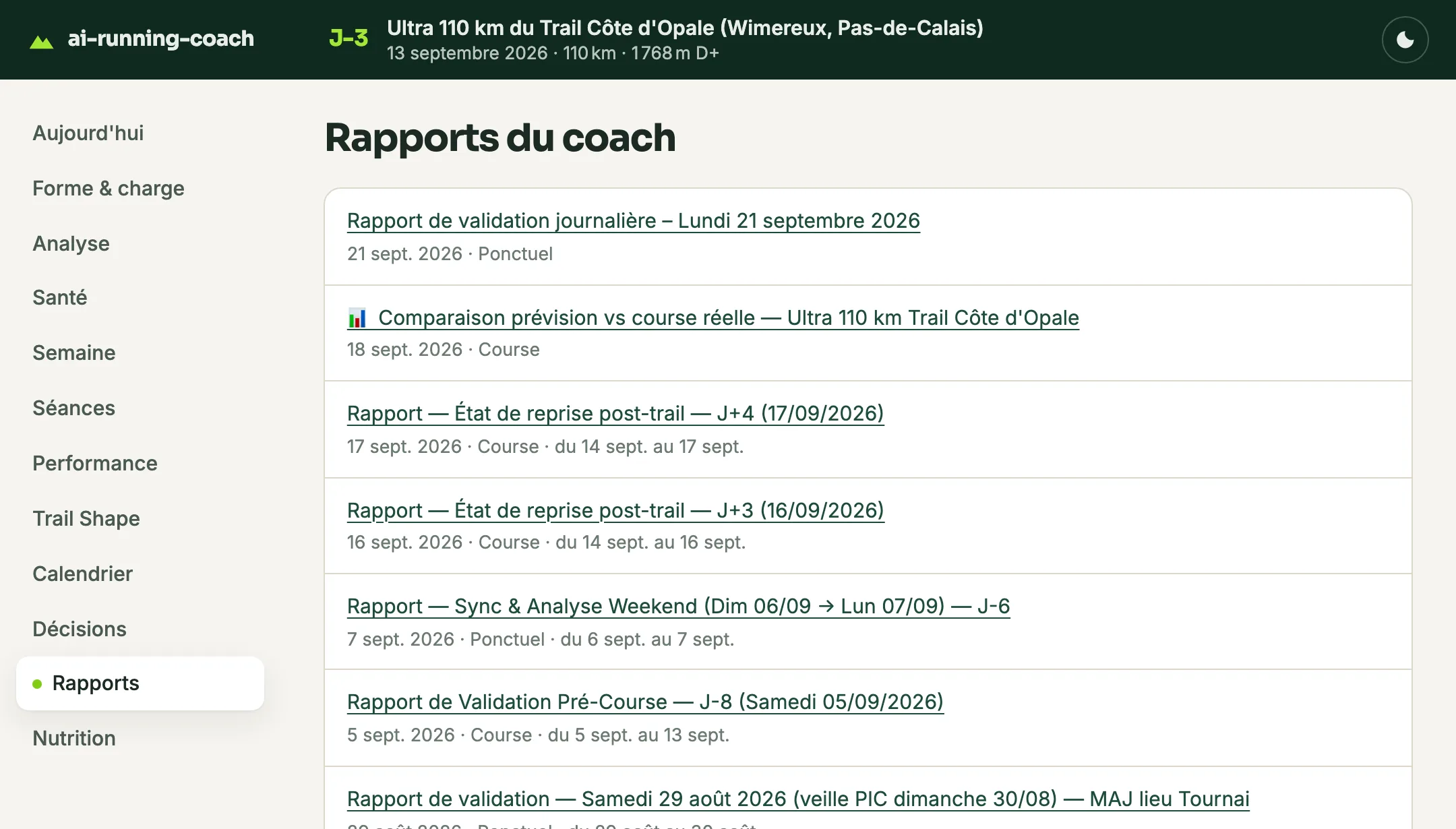 Rapports : la liste des bilans du coach